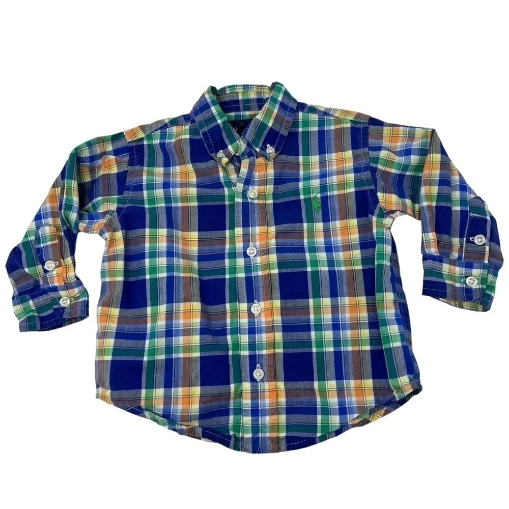 Ralph Lauren Kids Baby Blue and Orange Striped Button Down Long Sleeve Shirt Top